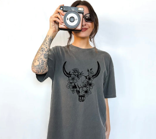 Floral Cow Skull Graphic Tee